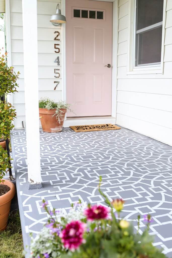 GREY AND WHITE STENCIL PORCH FLOOR PAINT COLOR IDEAS