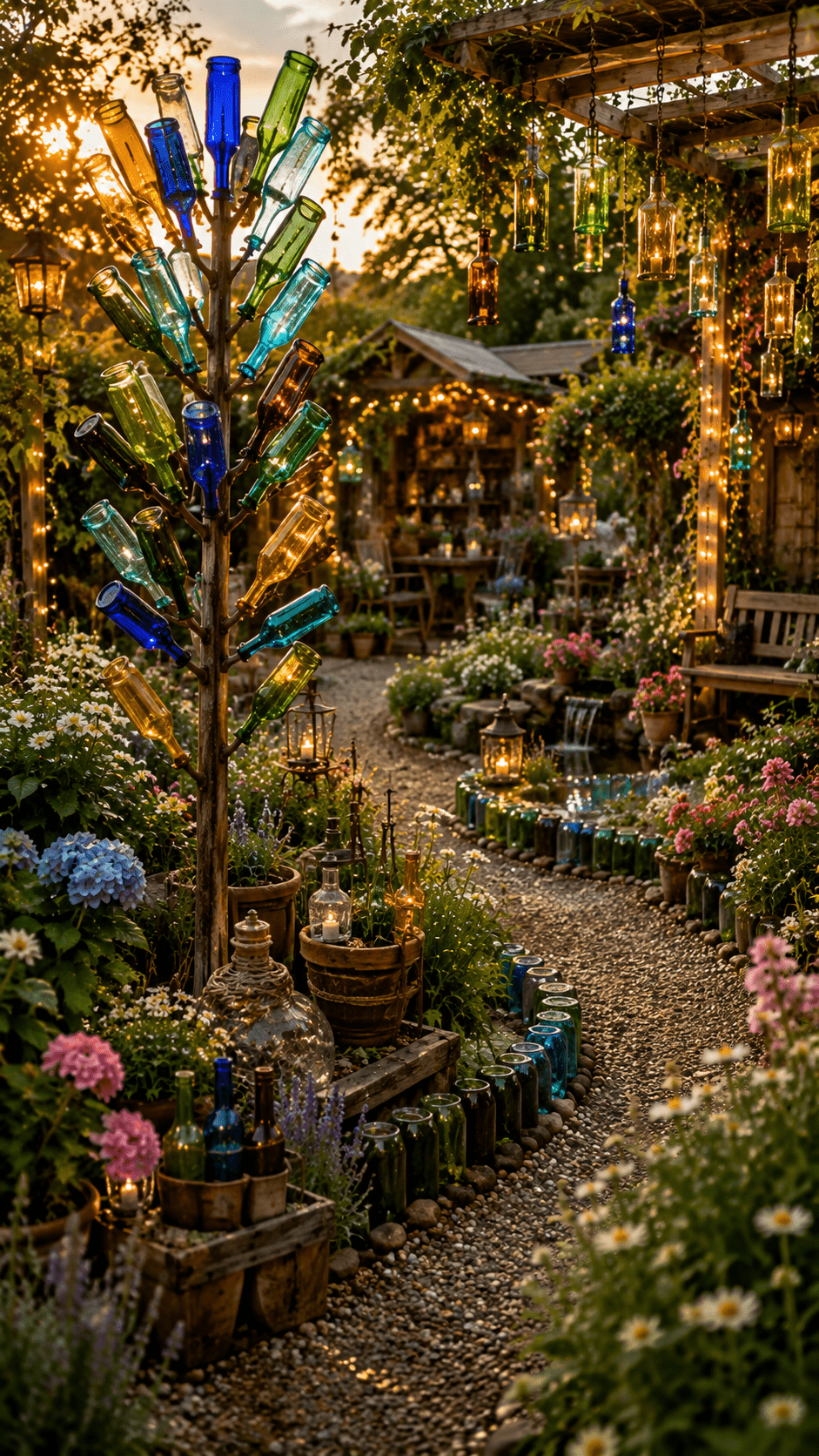 2. Recycled Bottle Glass Yard Art for Rustic Charm
