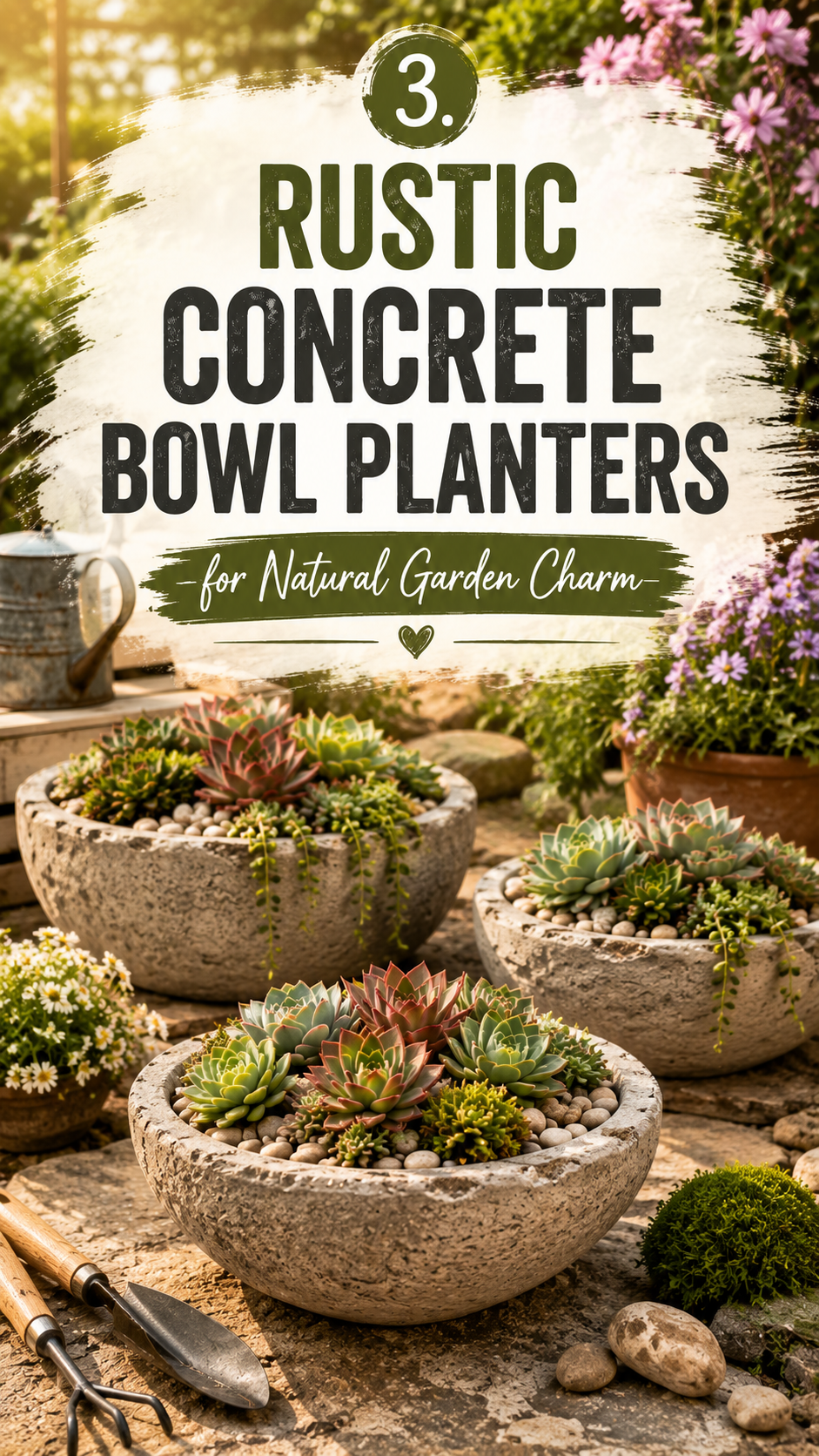 3. Rustic Concrete Bowl Planters for Natural Garden Charm