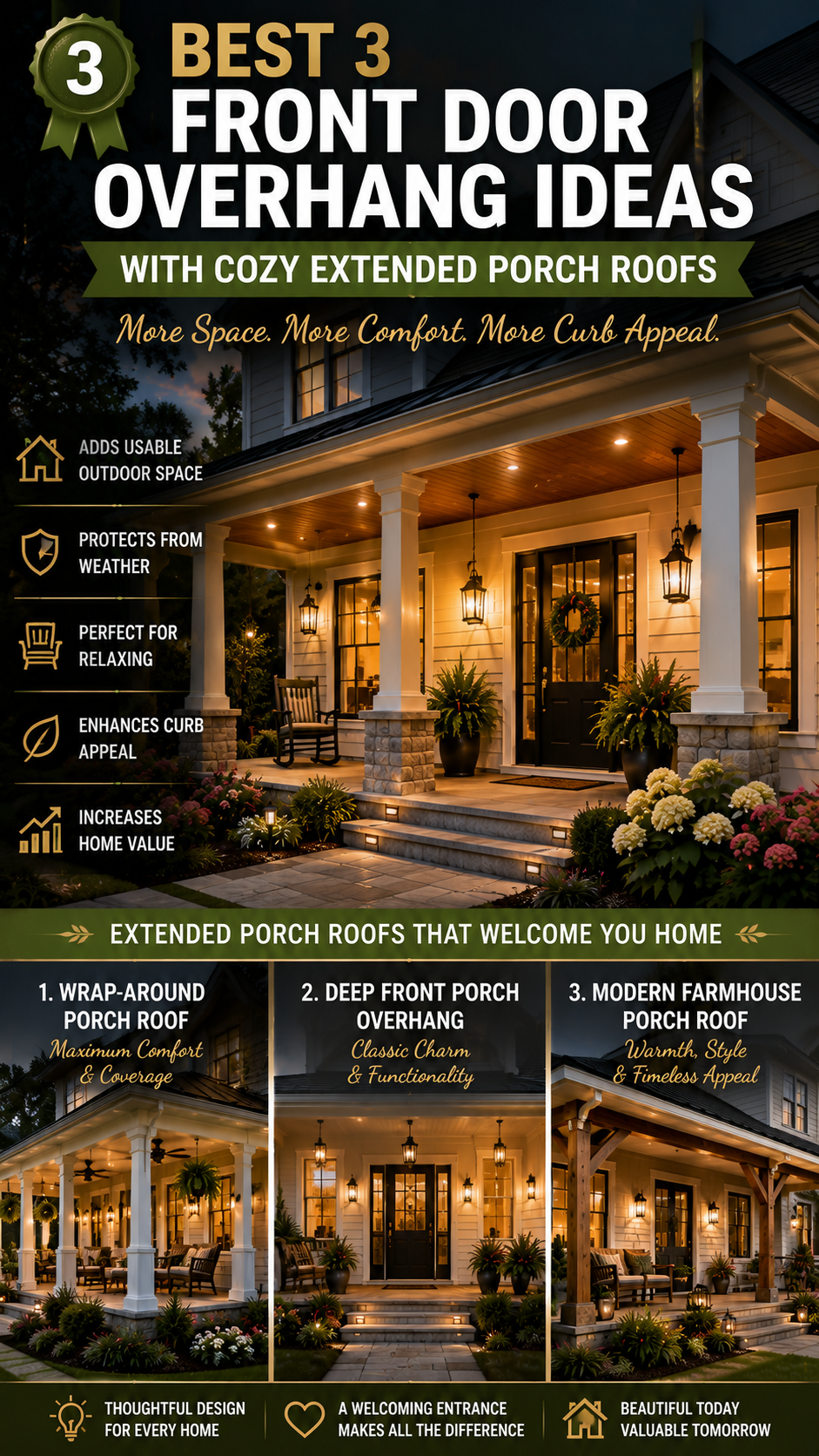 🥉 Best 3 Front Door Overhang Ideas With Cozy Extended Porch Roofs
