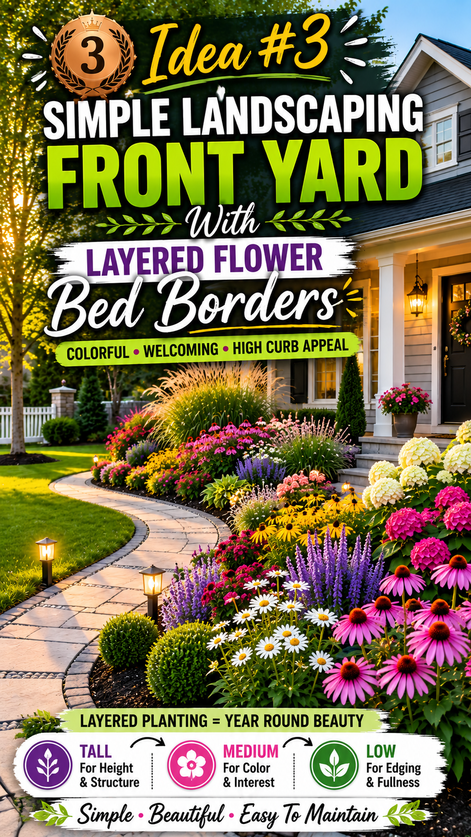 🥉 Idea #3 Simple Landscaping Front Yard With Layered Flower Bed Borders