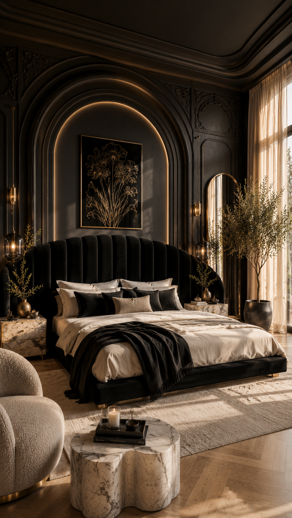 🥇 1. Luxury Black Nouveau Bedroom with Curved Architectural Details