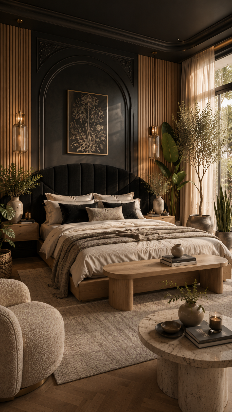 🥈 2. Organic Modern Black Nouveau Bedroom with Natural Wood Accents 🌿