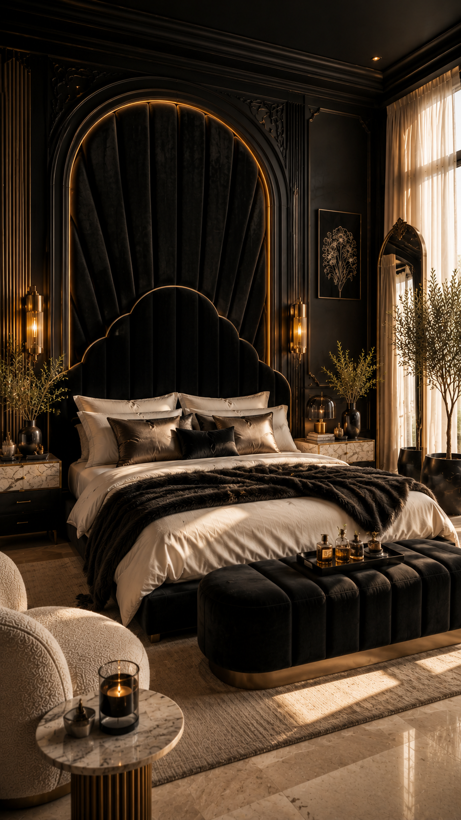 🥉 3. Boutique Hotel Inspired Black Nouveau Bedroom with Metallic Elegance ✨