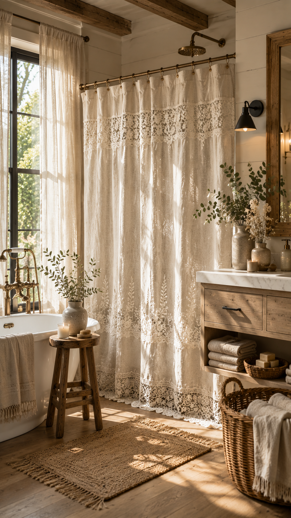 🥈 Best 2 Farmhouse Lace Shower Curtains with Linen Texture