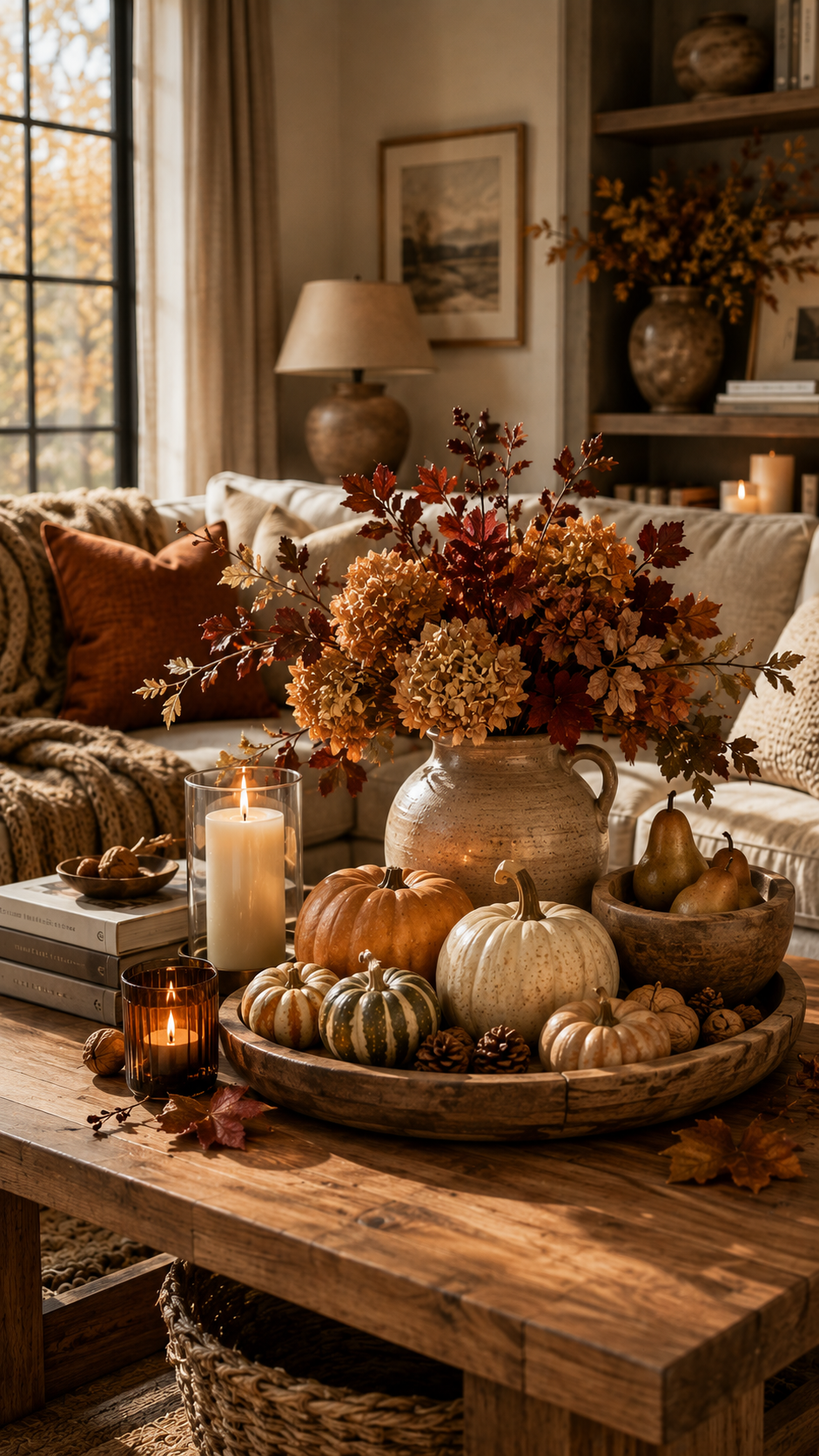 🥈 Best 2 Layered Harvest Fall Coffee Table Decor With Pumpkins Candles and Natural Texture