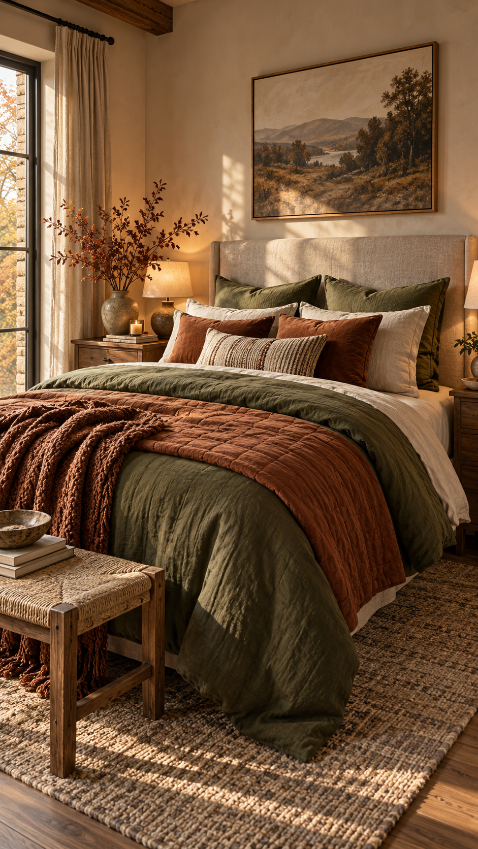 Top 2 Fall Bedding Combo With Olive Green Rust and Natural Linen