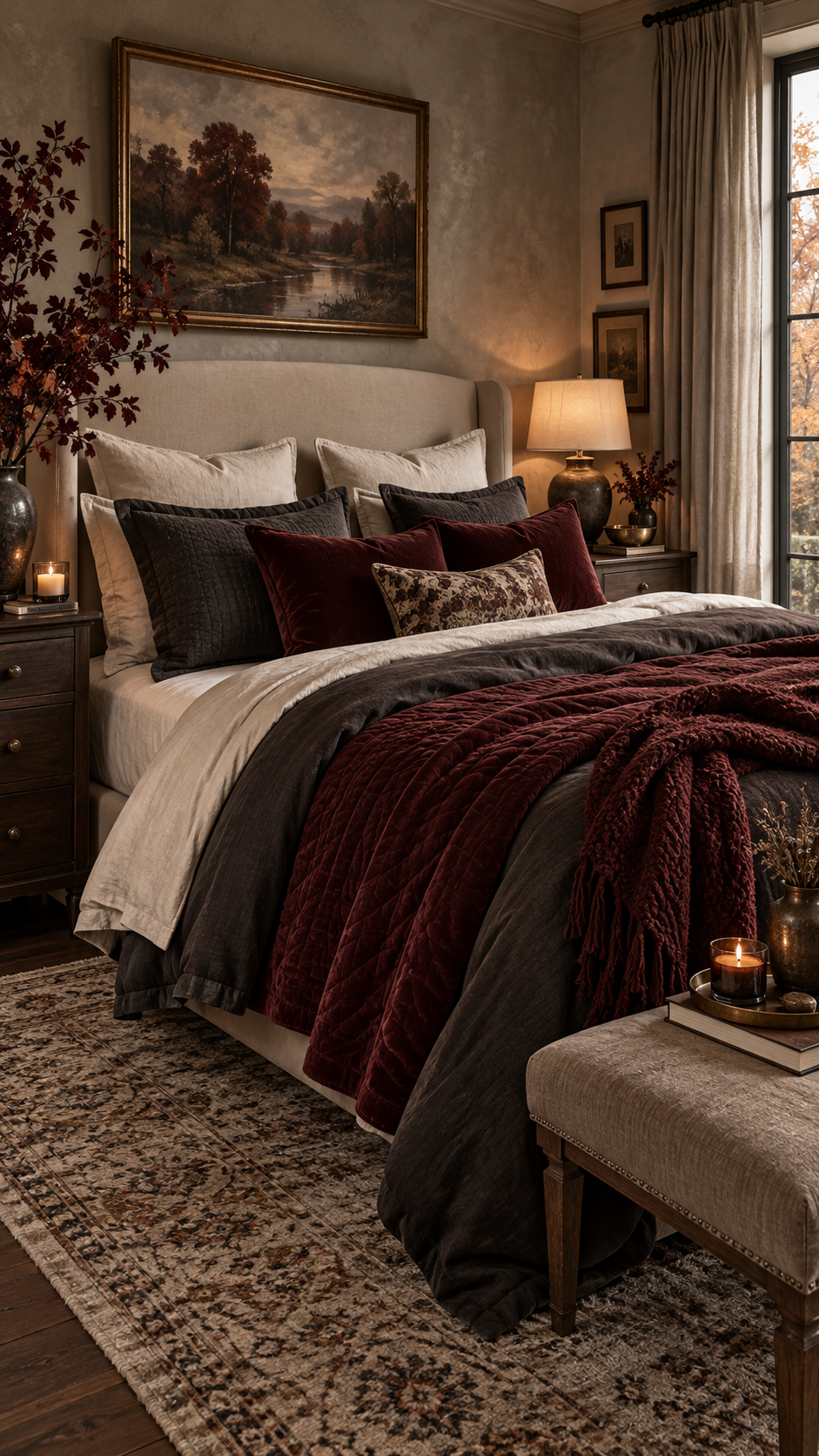 Top 3 Moody Fall Bedding Combo With Burgundy Charcoal and Soft Cream