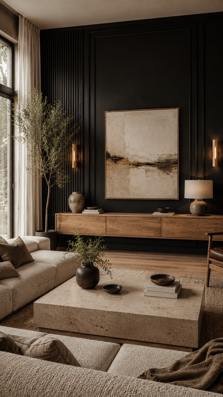 🥇 Top 1 Black Accent Walls With Warm Natural Wood