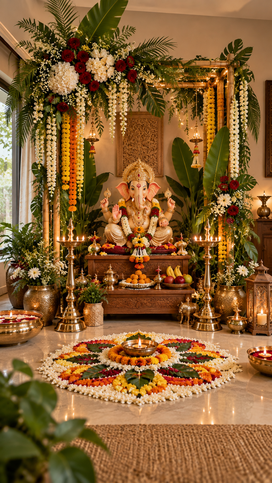 🥇 Top 1 Ganpati Decoration at Home With a Botanical Floral Mandap
