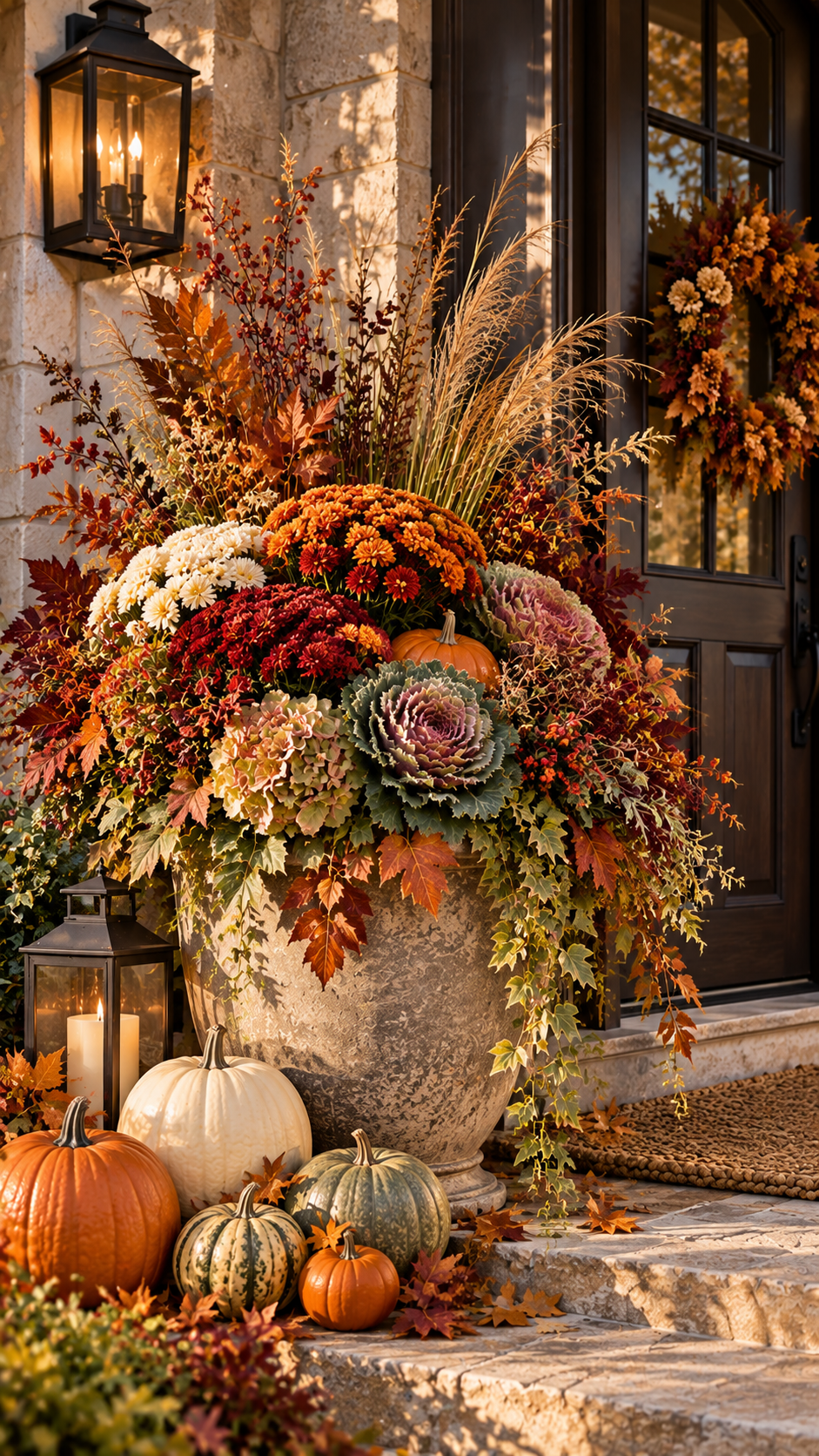 🥈 Top 2 Abundant Fall Planter Ideas With Mums Pumpkins and Harvest Texture