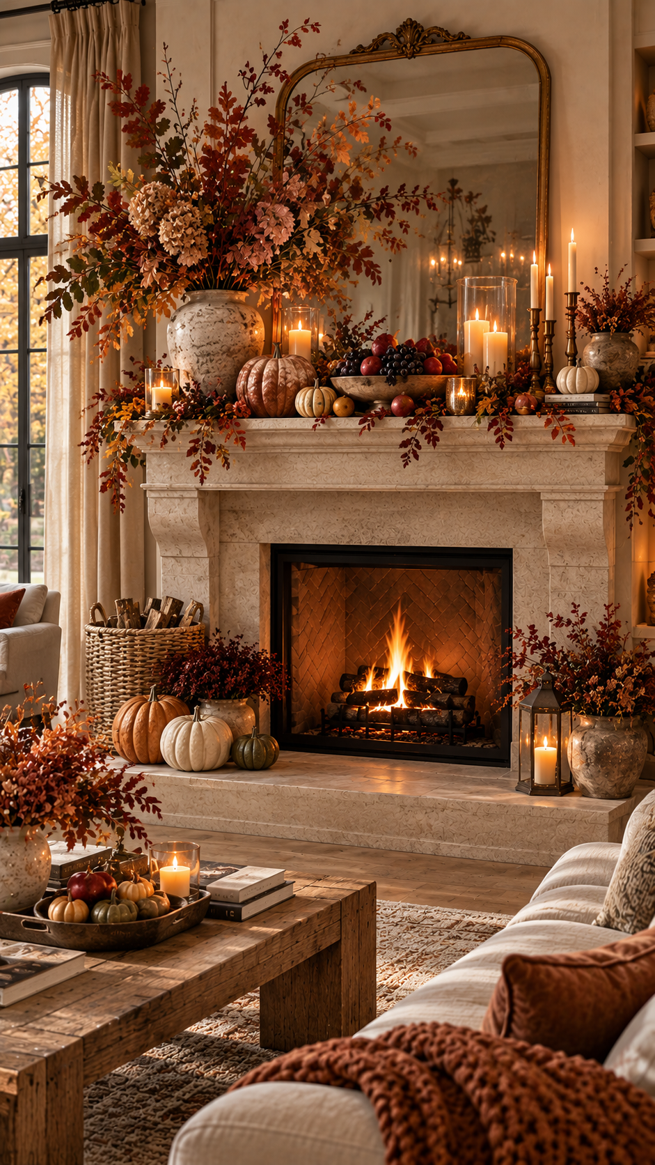 🥈 Top 2 Layered Harvest Mantel With Pumpkins Fruit and Candlelight