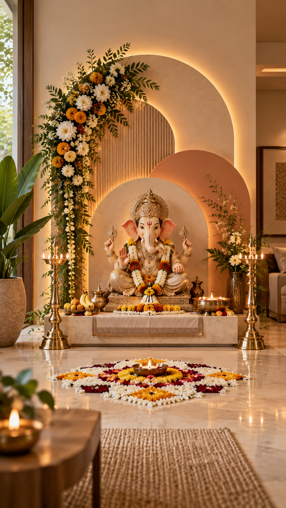 🥈 Top 2 Modern Minimalist Ganpati Decoration at Home With an Elegant Backdrop