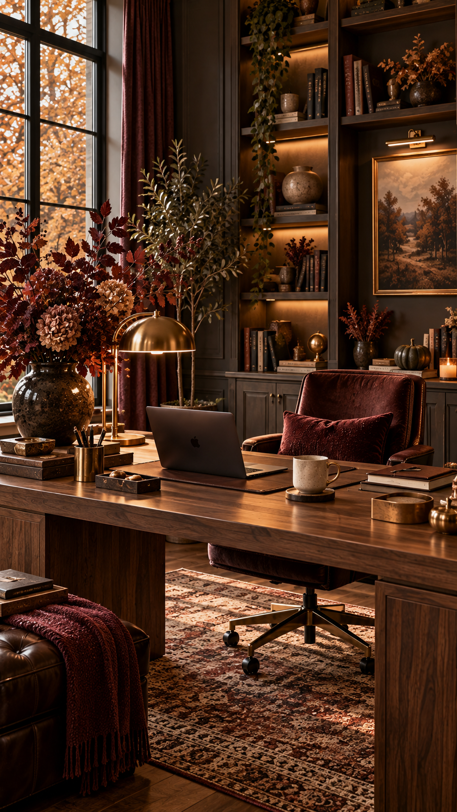 🥈 Top 2 Moody Fall Office Decor With Burgundy Walnut and Brass