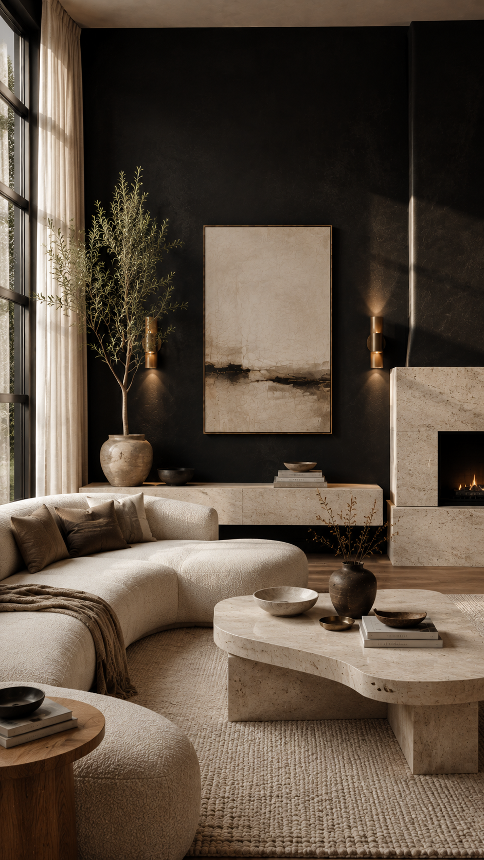 🥉 Top 3 Black Accent Walls With Stone and Soft Neutral Interiors