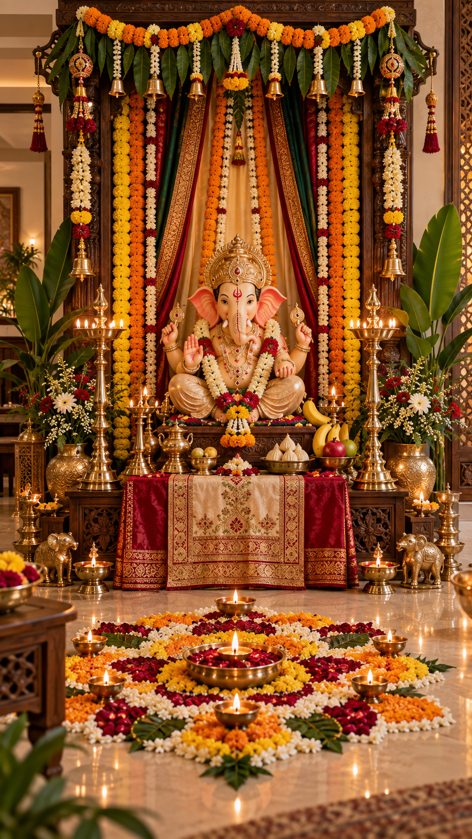 🥉 Top 3 Traditional Ganpati Decoration at Home With Marigolds Brass and Festive Fabrics