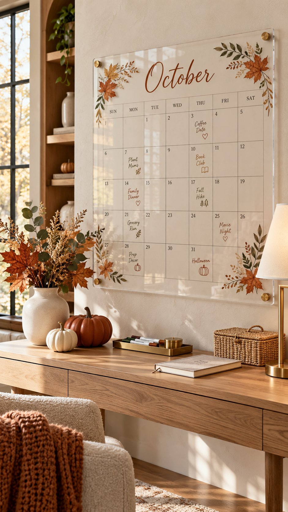 🥇 1 Elegant Acrylic October Dry Erase Calendar With Minimalist Fall Decorations