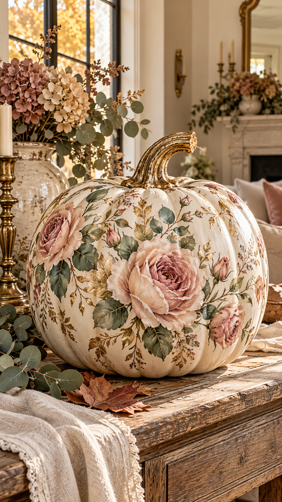 🥇 1 Floral Painted Pumpkin Ideas With Romantic Vintage Roses and Antique Gold Details