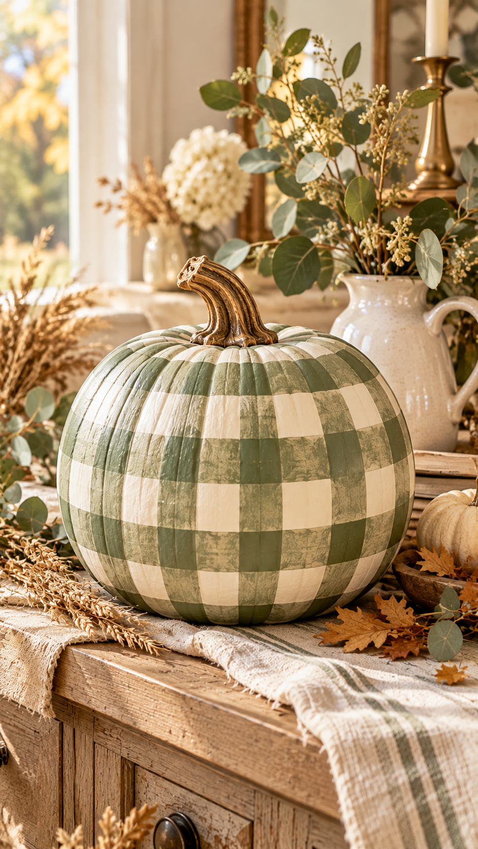 🥇 Top 1 Gingham Painted Pumpkin Ideas With Sage Green Checks and Charming Farmhouse Details