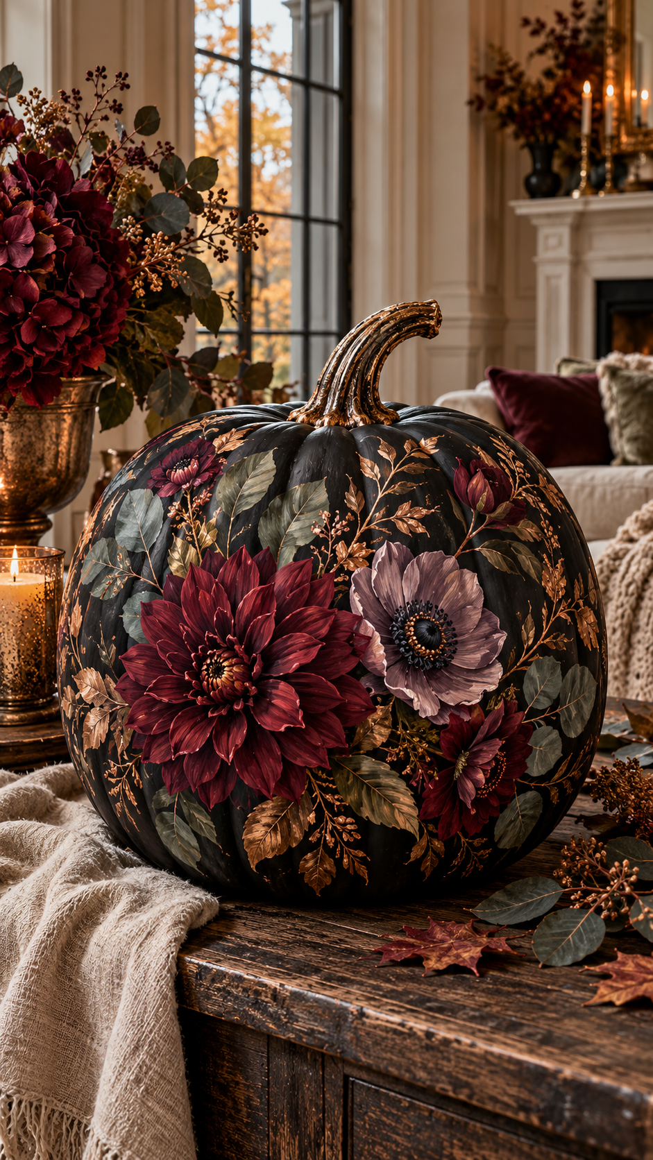 🥈 2 Floral Painted Pumpkin Ideas With Dramatic Midnight Florals and Copper Accents