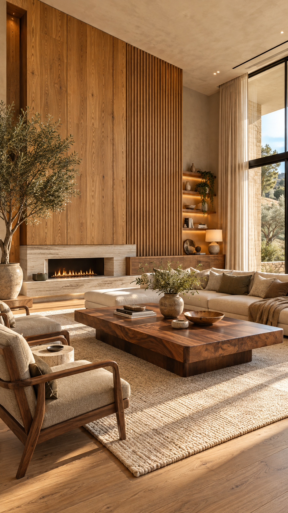 🥈 2 Modern Organic Living Room Ideas With Warm Wood and Natural Architectural Beauty