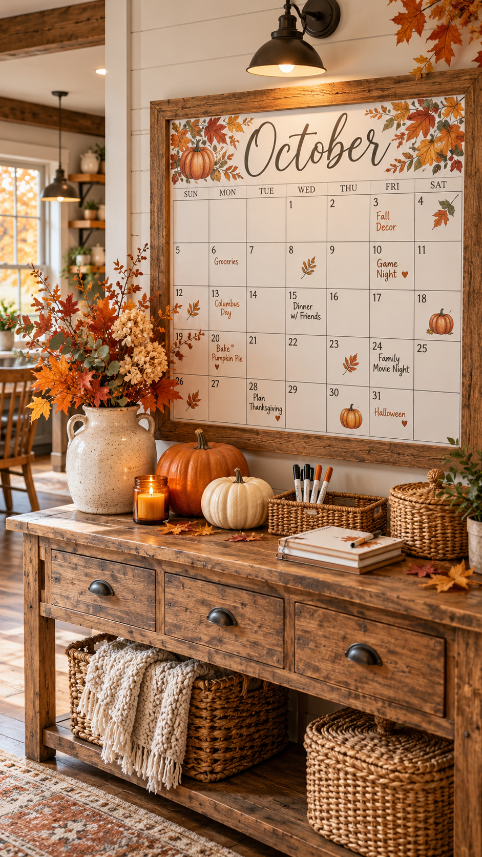 🥈 2 Rustic Farmhouse October Dry Erase Calendar With Warm Wood and Autumn Leaves