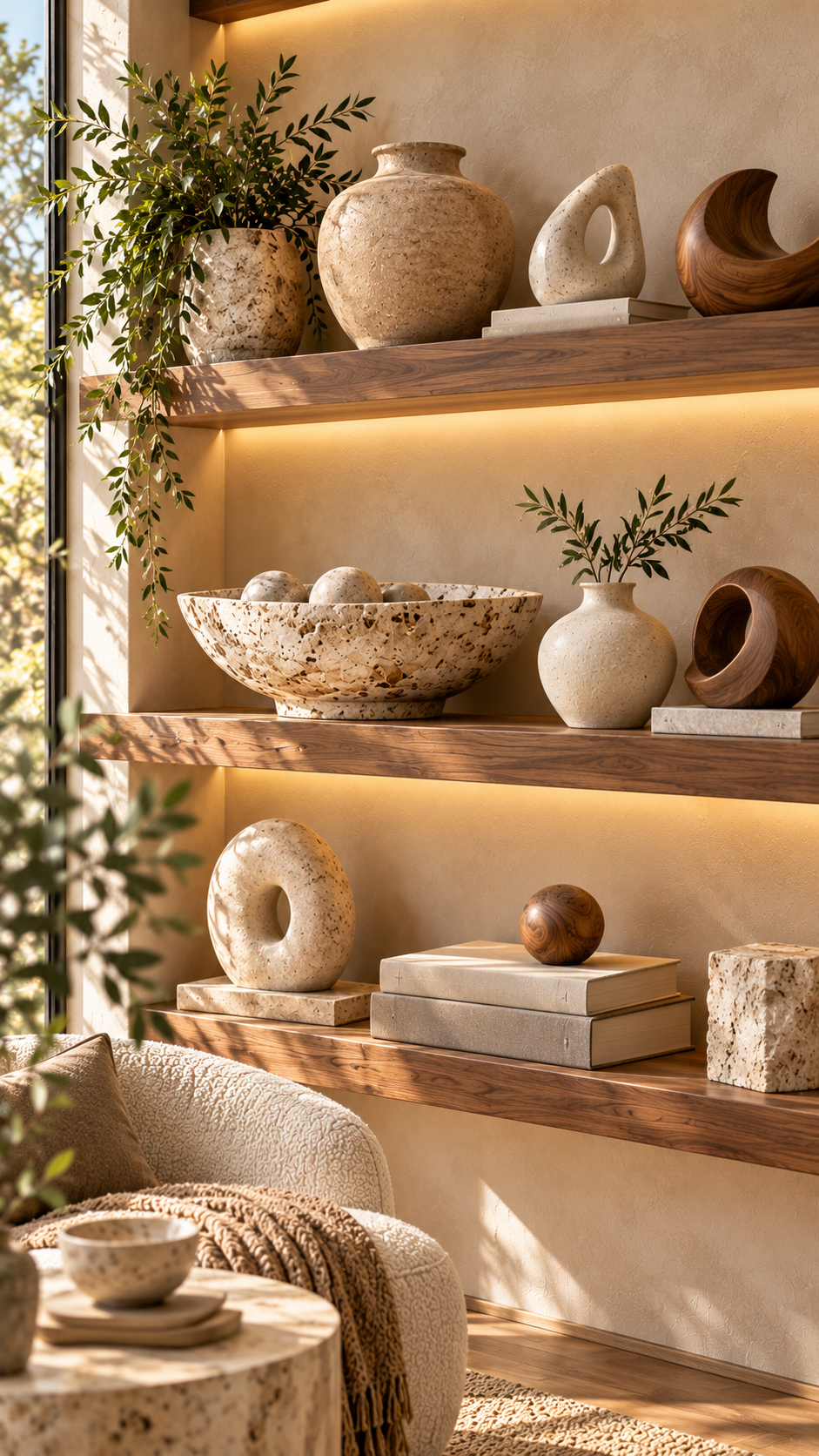 🥈 Best 2 Minimalist Shelf Decor With Natural Stone and Warm Organic Textures
