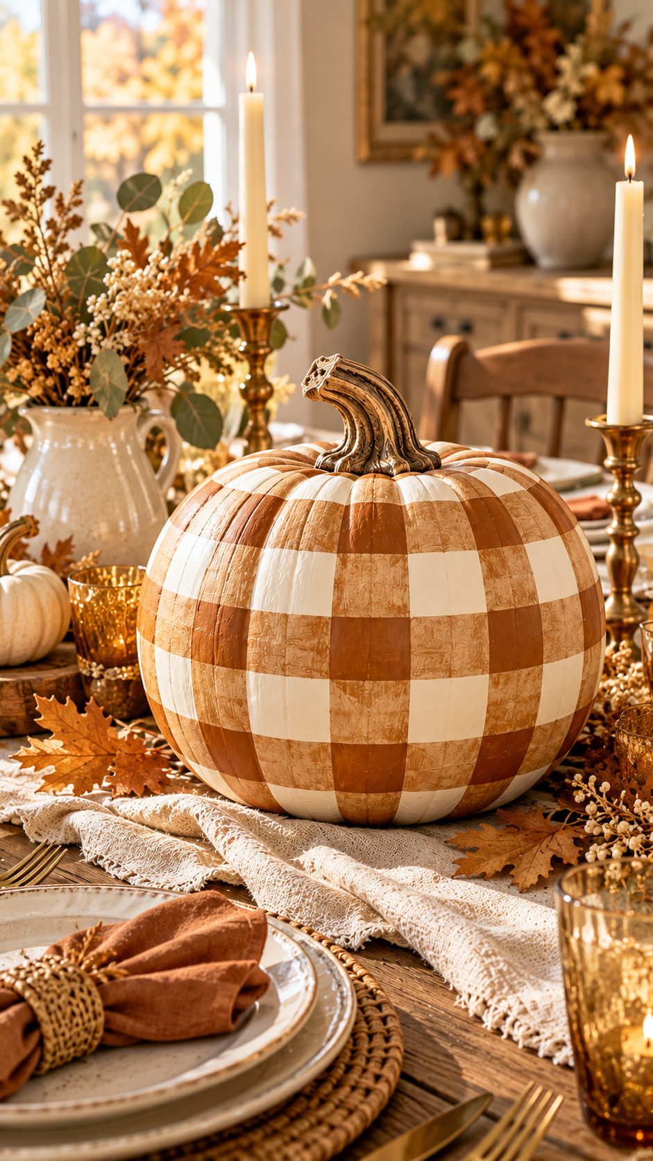 🥈 Top 2 Gingham Painted Pumpkin Ideas With Warm Caramel Checks and Cozy Autumn Elegance