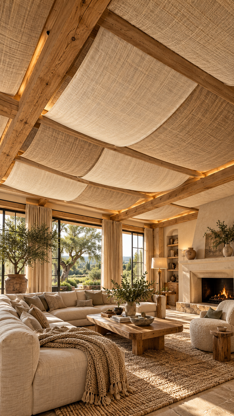 🥉 3 Cozy Layered Fabric Ceiling With Warm Natural Textures