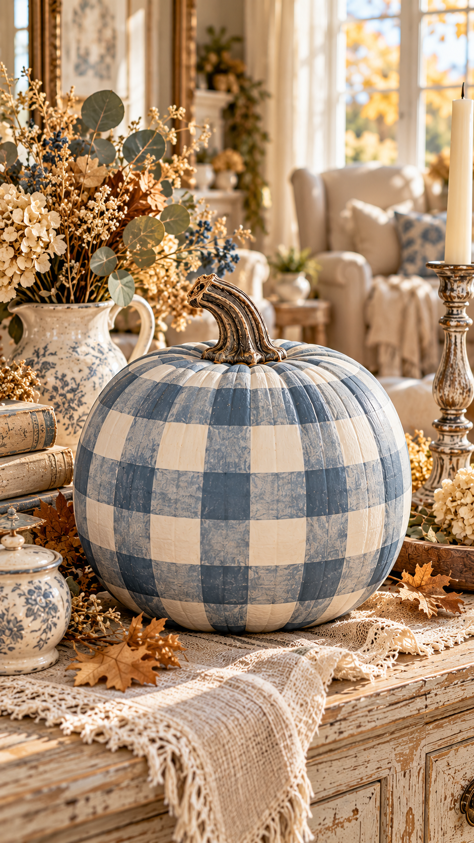🥉 Top 3 Gingham Painted Pumpkin Ideas With Dusty Blue Checks and Vintage Cottage Style